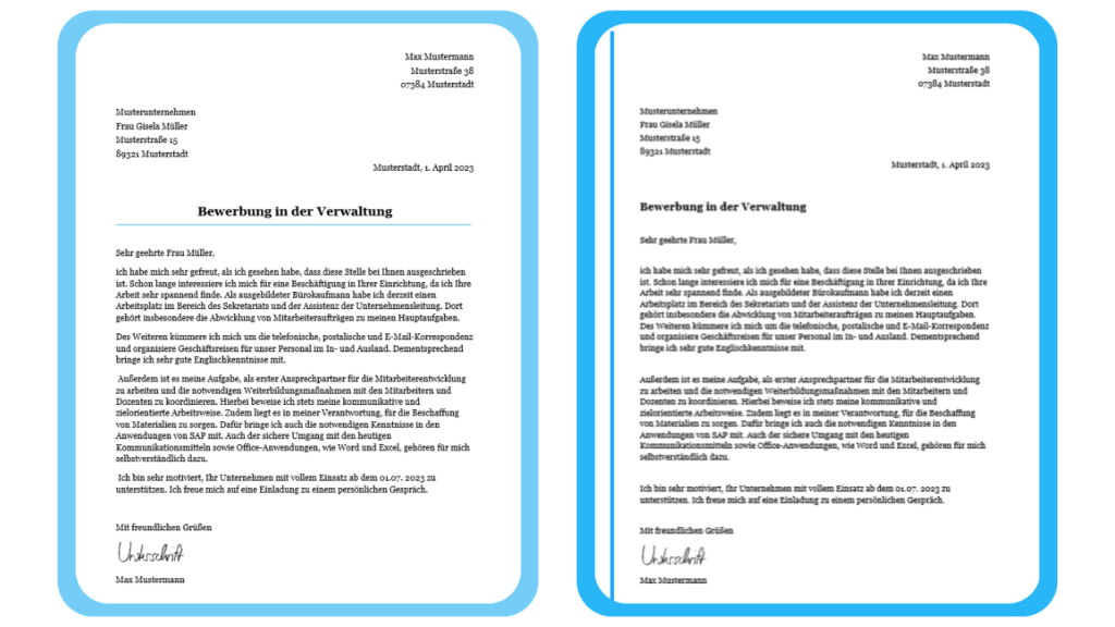 Die Abbildung zeigt zwei Varianten eines Bewerbungsschreibens. Beide enthalten denselben Text, unterscheiden sich jedoch in der Formatierung und der optischen Struktur.